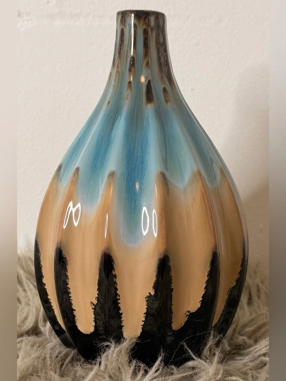 Glazed Ceramic Teardrop Vase in Blue, Tan & Black